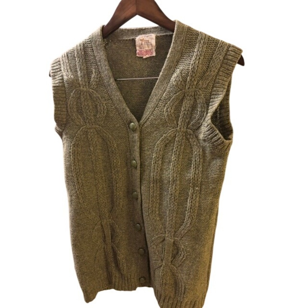 Vintage Tami Hong Kong Wool Blend Cable Knit Cardigan Vest Olive Green Size 40